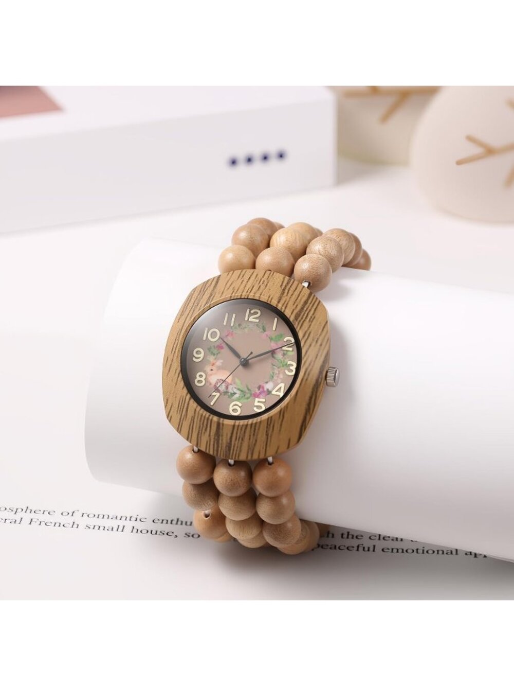 Women's Khaki Boho Wood Bead Wreath Dial Floral Quartz Elastic Band Casual Watch - Picture 4 of 6